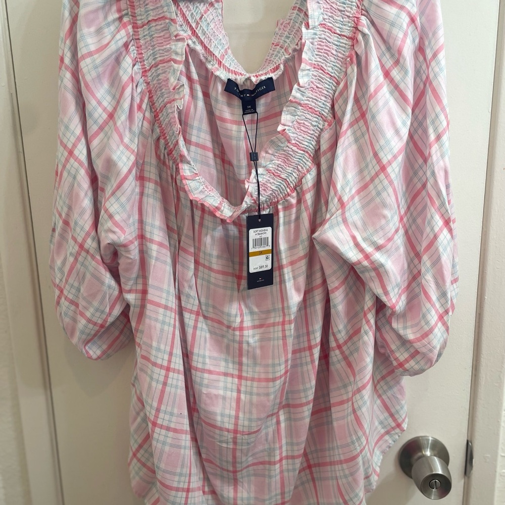 Pink Plaid Blouse with Ruffle Detail